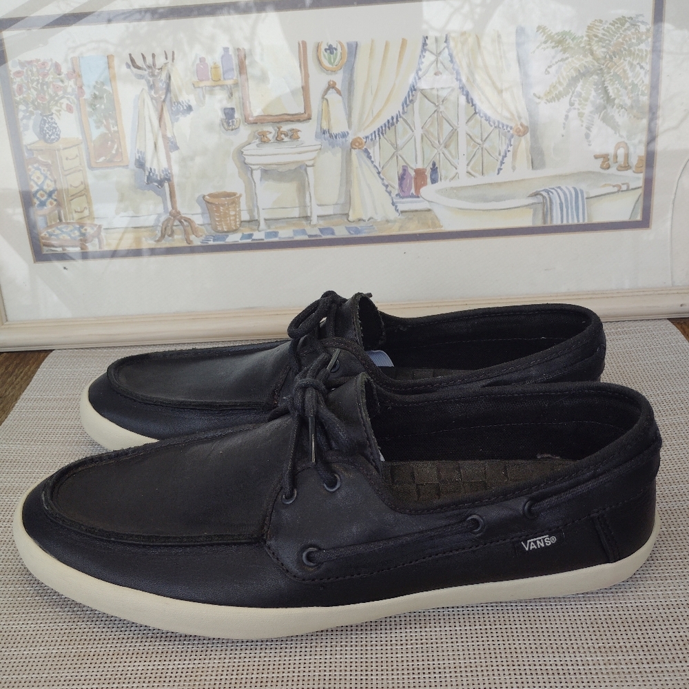Rare Vans "Surf Siders" "Chauffeur" Black Leather 2-Eye Boat Shoes. Size 11.5